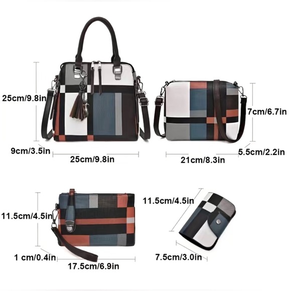 4Pcs Plaid Pattern Faux Leather Bag Set Blue - Picture 4 of 4